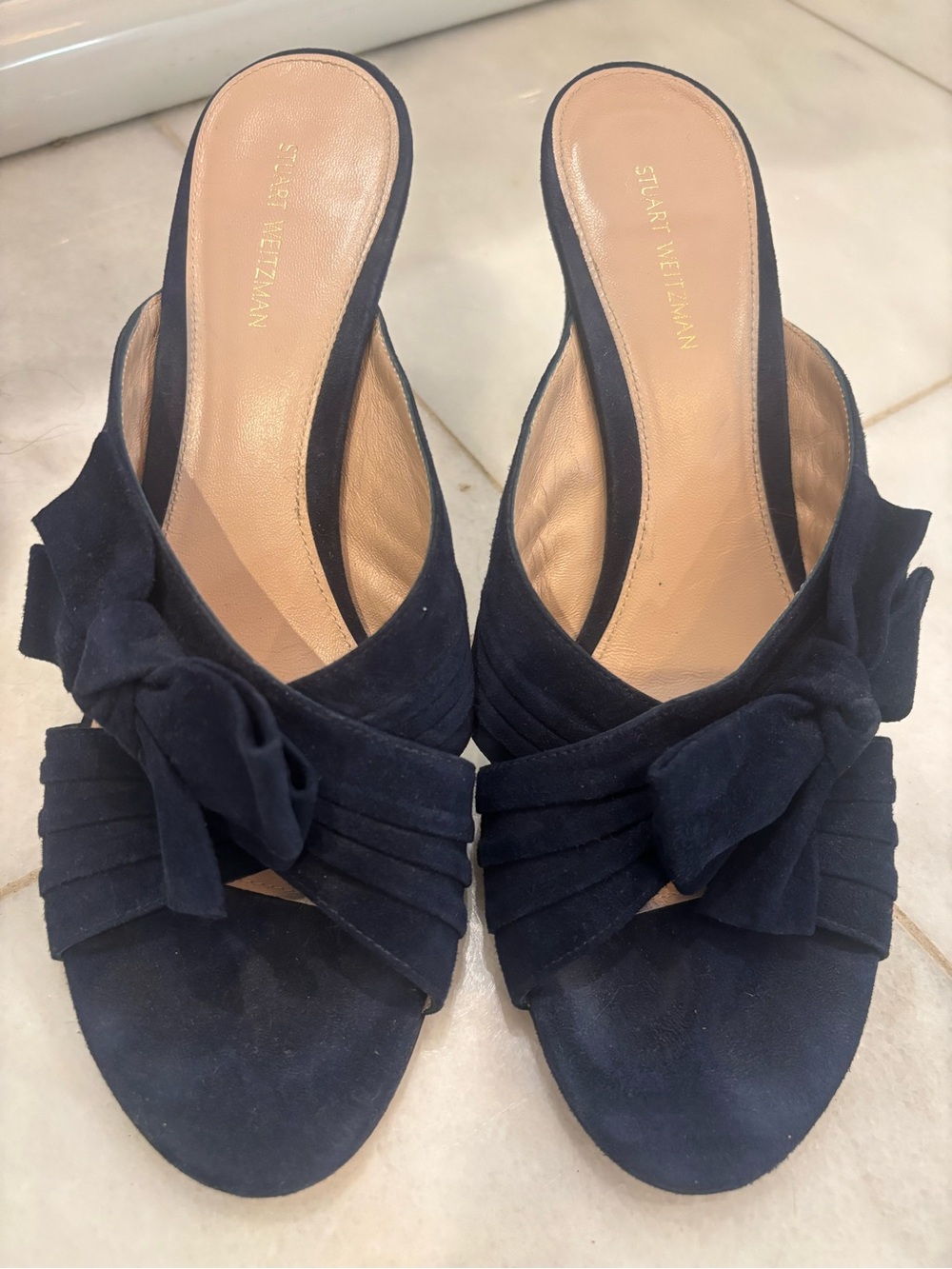Stuart Weitzman Navy Suede Knot Mules